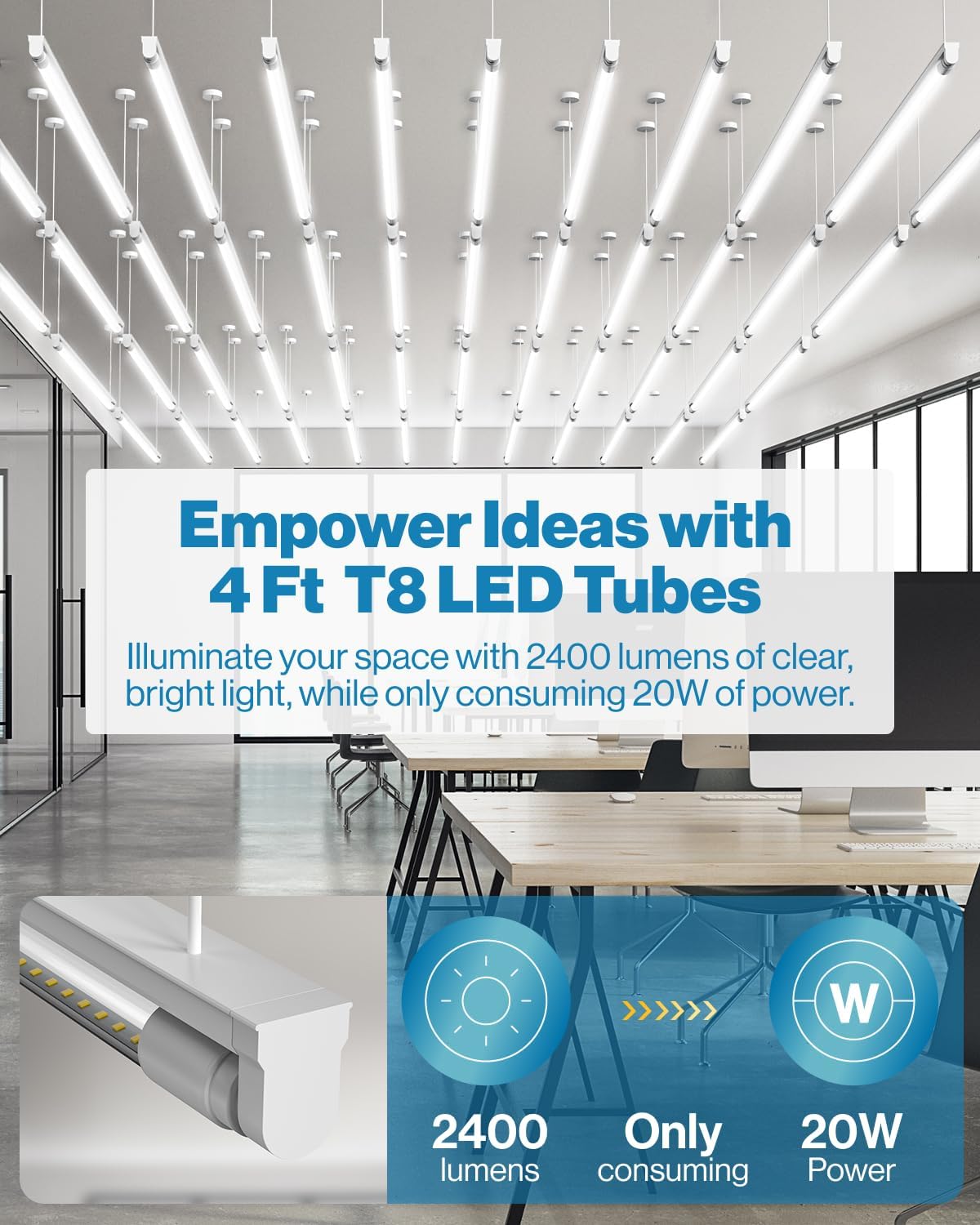 Sunco 90 Pack T8 LED Tubes 4FT Replacement for Fluorescent Bypass Ballast or Plug and Play 20W 2400 LM 5000K Daylight Ballast Compatible Single Ended or Double Ended Hybrid Type A+B Clear Lens ETL