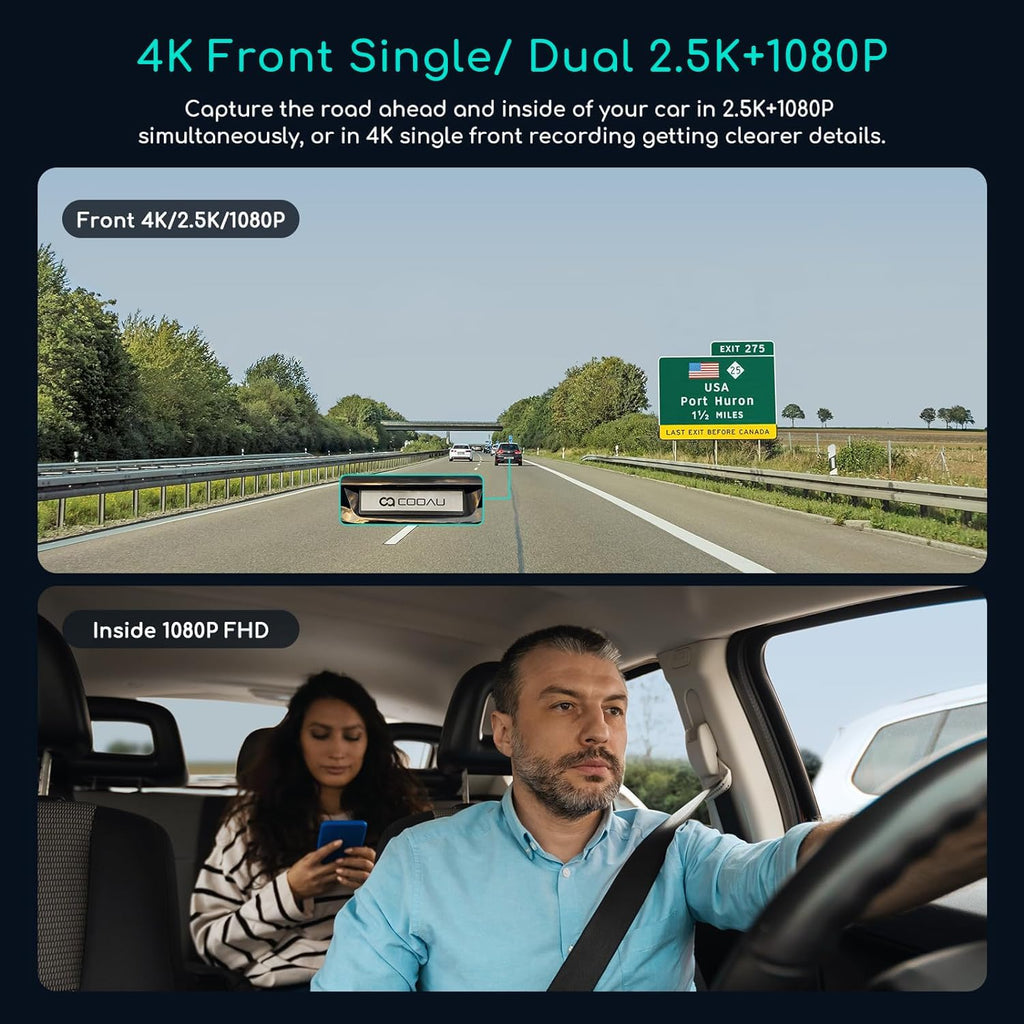 cooau d30s 4k dash cam with gps wi-fi shown in use