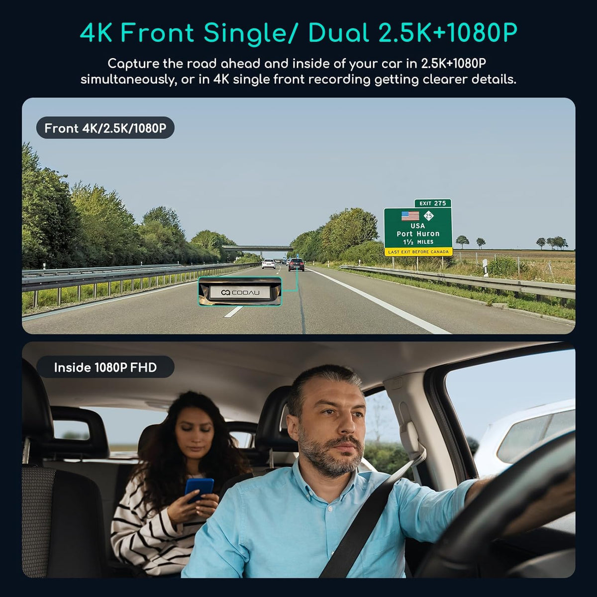 cooau d30s 4k dash cam with gps wi-fi shown in use