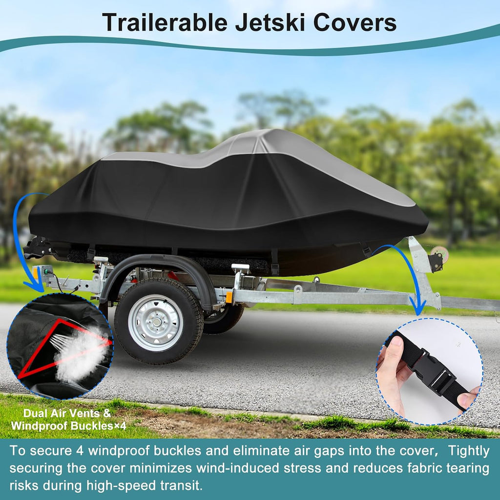 Jet Ski Cover 420D Waterproof for Yamaha Seadoo, 121"-135" PWC Cover | Oxford Fabric 2 3 Seater jetski cover, 10000mm, UV SPF＞85+, 2 Air Vents,4 Windproof Buckles, for Outdoor Storage & Trailering