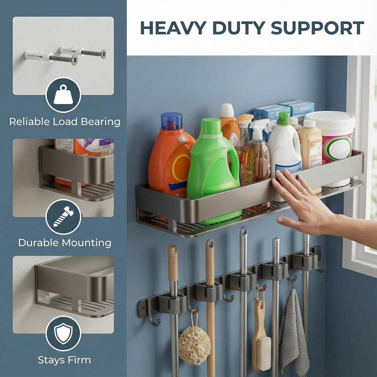 24 inch mop and broom holder wall mount on a desk or shelf