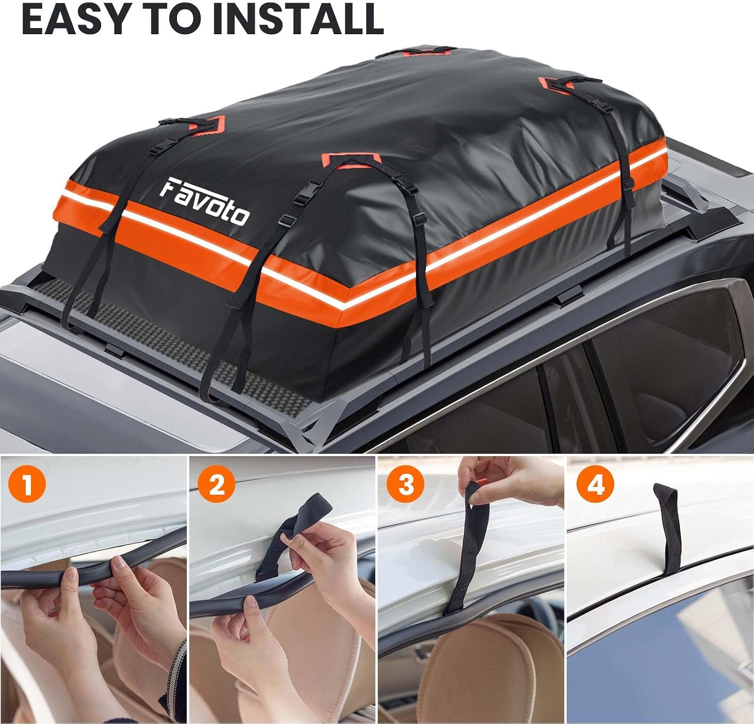 Favoto Roof Box, 566 Litres, Foldable Roof Case, Waterproof Roof Bag with Non-Slip Mat, Door Hooks, Reinforcement Straps for Cars, SUVs with/without Luggage Rack for Travel and Luggage Transport