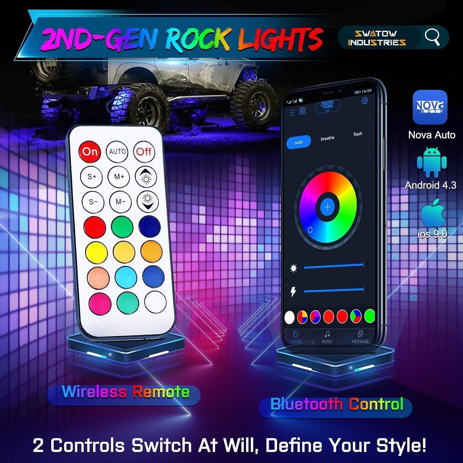 8 Pods Rock Lights w/Bluetooth & Wireless Remote Control LED Rock Light Kits Multicolor Underglow Wheel Well Lights for Truck Pickup Wrangler UTV ATV SUV Boat