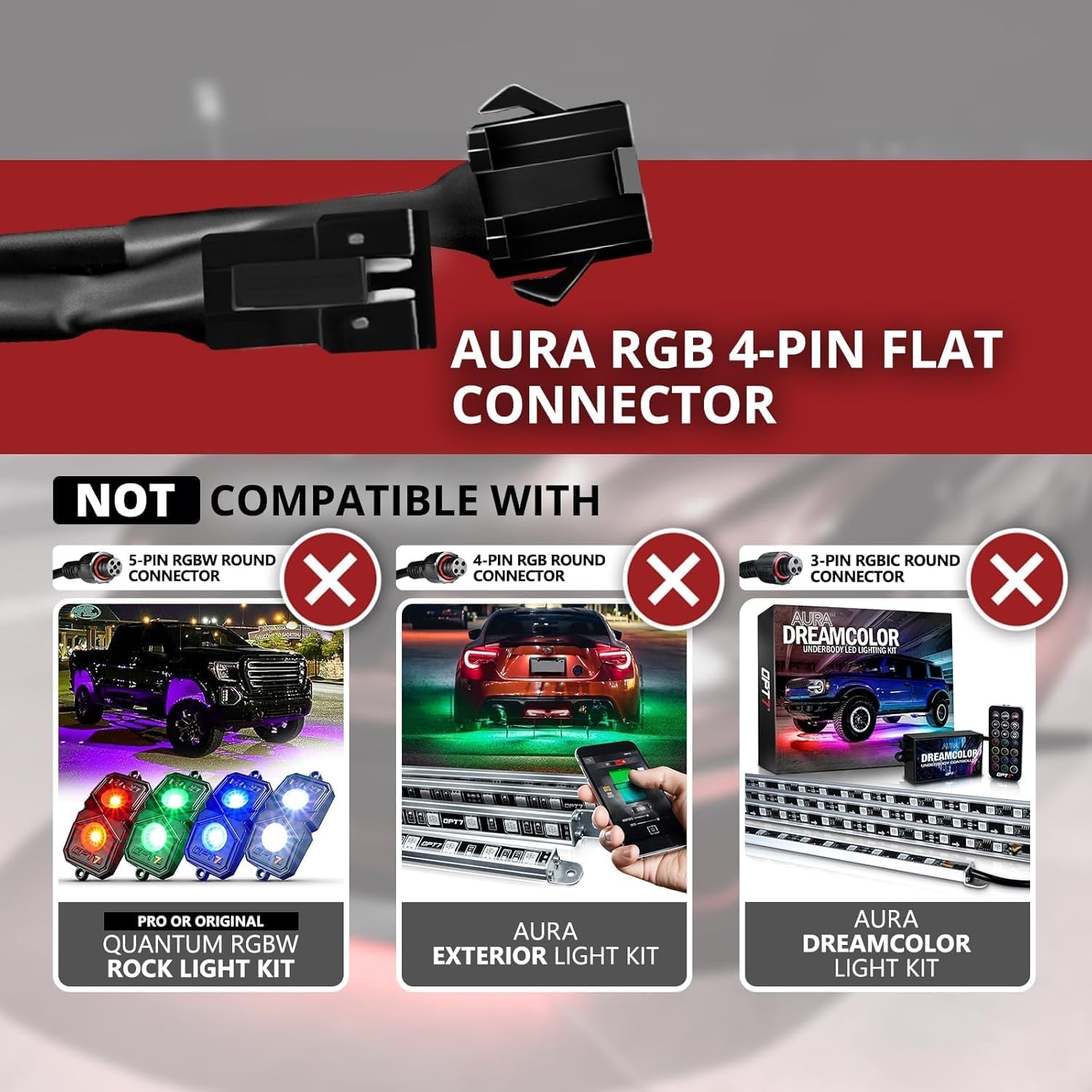 OPT7 Aura 4 PCS 8 inch Extension Wires with 4 Pin RGB Flat Connector for Motorcycle, Cruiser, Sportsbike, Golf Cart, ATV, UTV, Snowmobile, Boat, Interior Car Lights
