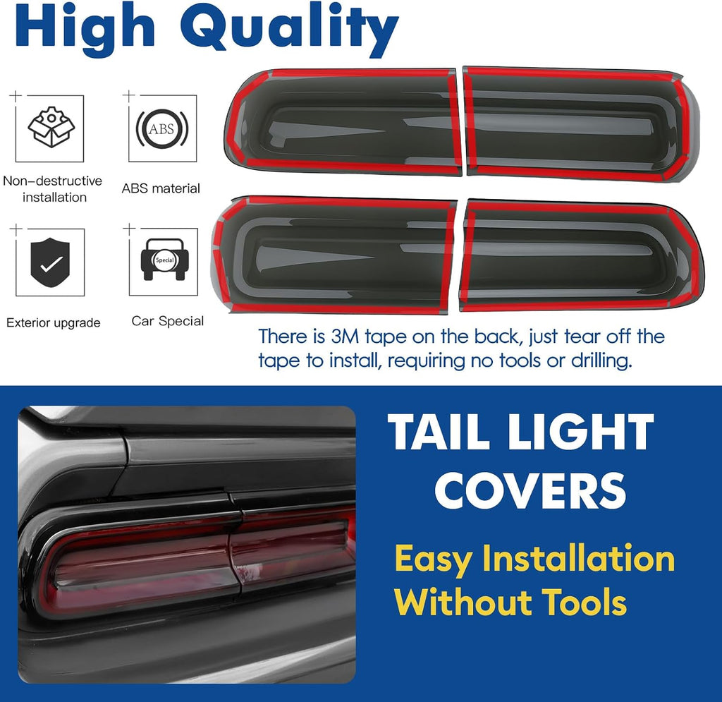 for Challenger Smoked Tail Light Covers Rear Light Guards Exterior Accessories for Dodge Challenger 2015-2024 Taillight Covers Rear Guard Trim Kit Exterior Frame (Smoke Black 4Pcs)