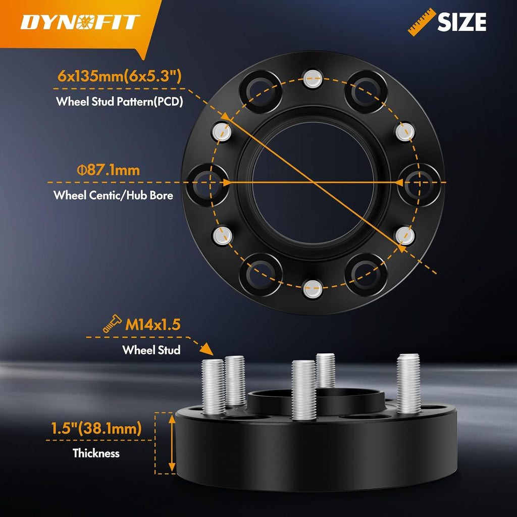 Dynofit 1.5in 6x135 Hub-Centric Wheel Spacers for F150, 87.1mm Hub Bore, M14x1.5 Thread, Forged 6-Lug Wheel Adapters for 2015-2026 Ford F-150, Expedition & Navigator, 4 Piece Spacers
