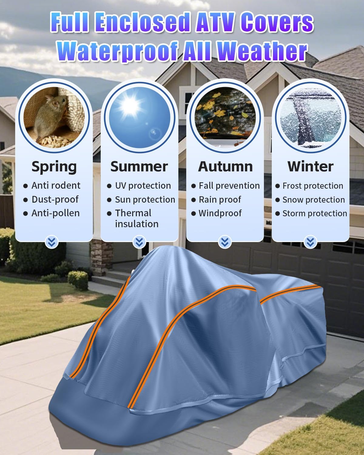 Full Enclosed ATV Cover Waterproof Outdoor Heavy Duty 4 Wheeler Cover All Season Weather Proof Quad Cover with Reflective Strips Fits ATV Length up to 84" Windproof Sunproof Dustproof
