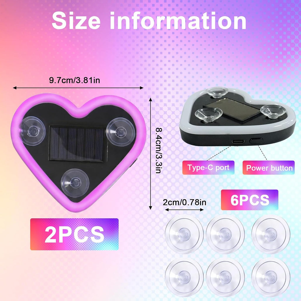 Upgrade Car Light LED Ambient Lights Heart Solar Lights Solar-Powered Heart-Shaped Neon Lights for Car Window Decorative 5 Modes Interior Outdoor Decor (Pink)