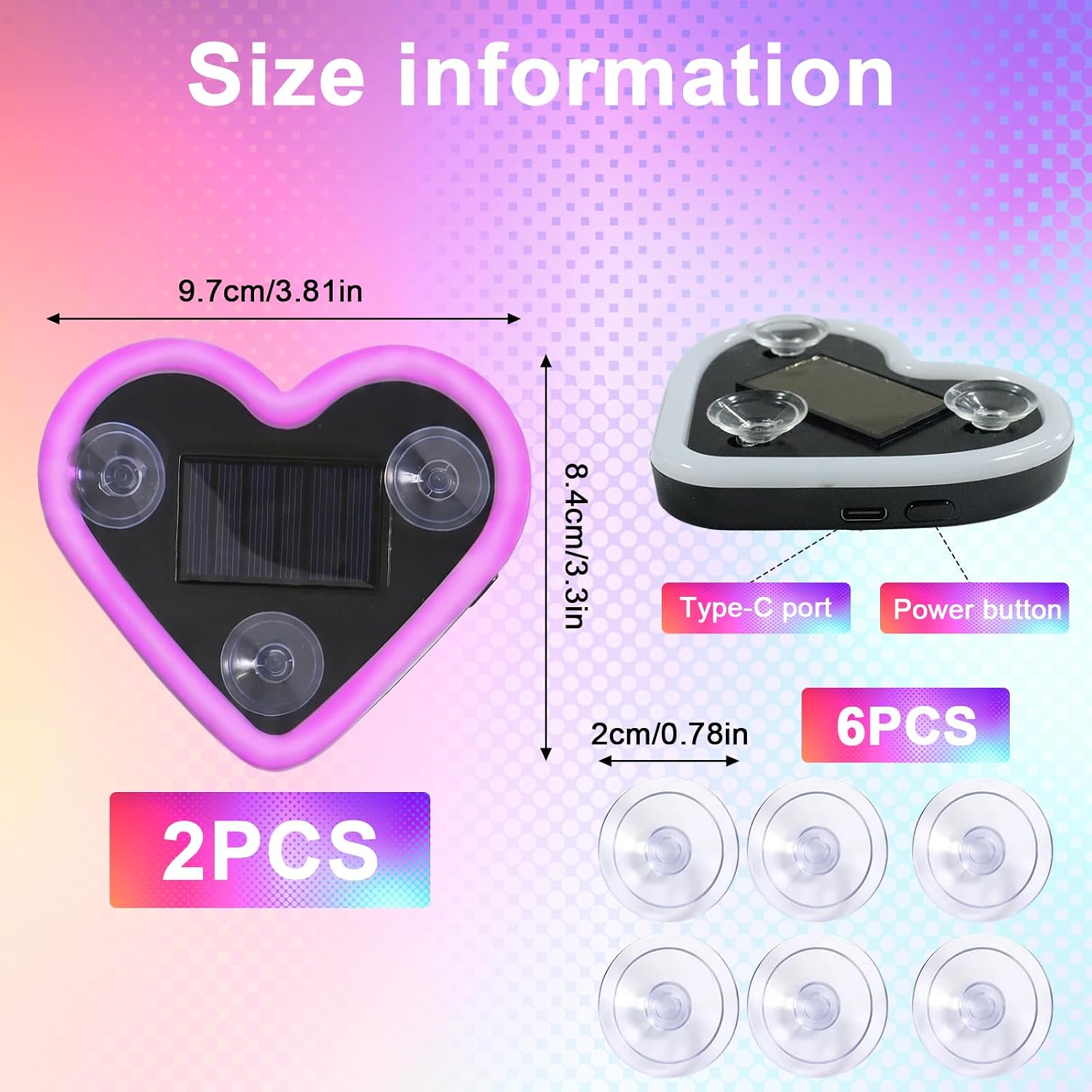 Upgrade Car Light LED Ambient Lights Heart Solar Lights Solar-Powered Heart-Shaped Neon Lights for Car Window Decorative 5 Modes Interior Outdoor Decor (Pink)