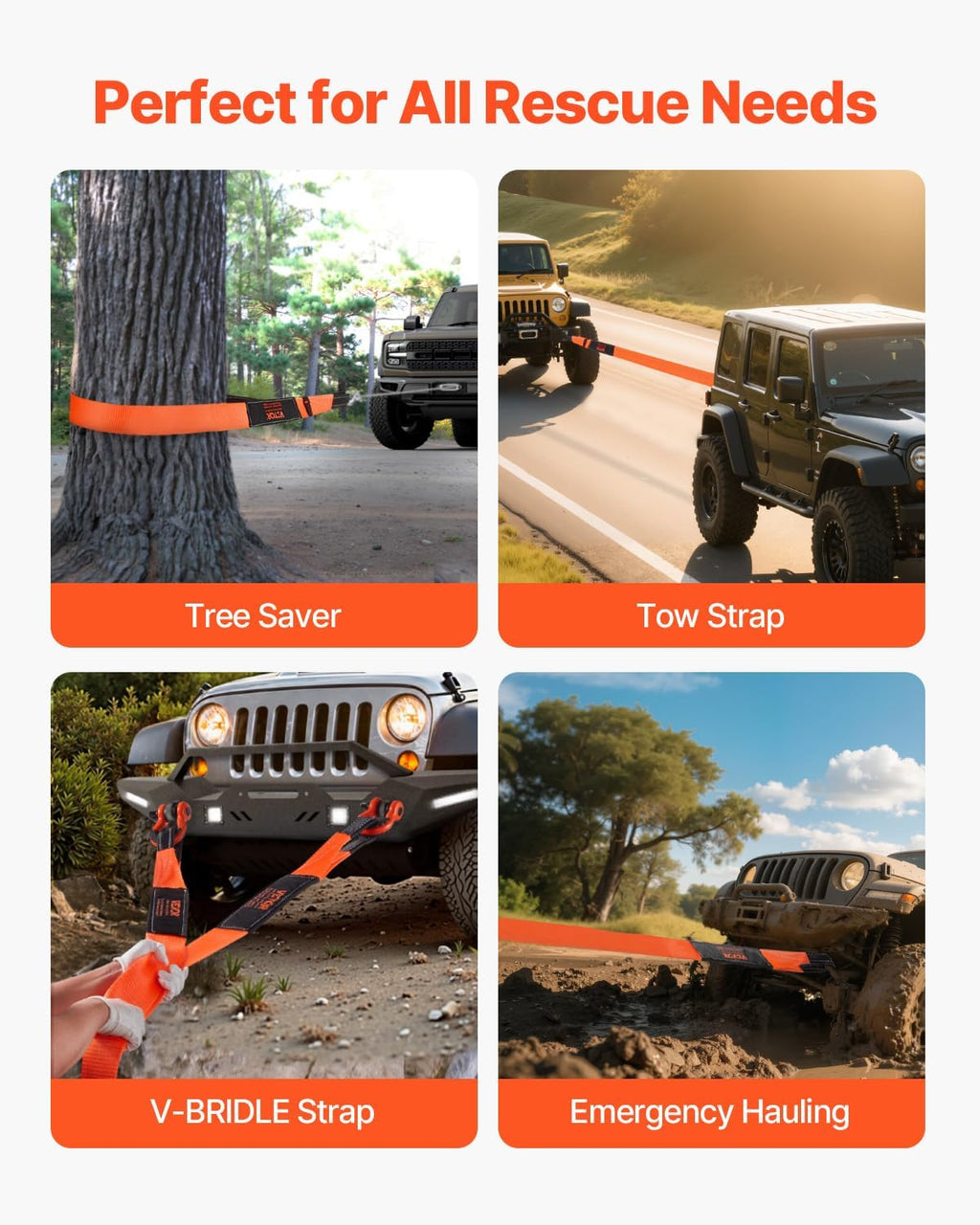 VEVOR Recovery Tow Strap 3 inches, 8 feet 36,000 lbs Break Strength, Triple Reinforced Loop Straps, Tree Saver, Winch Line Extension Strap, Off Road Towing and Recovery, Extreme Weather Resistance