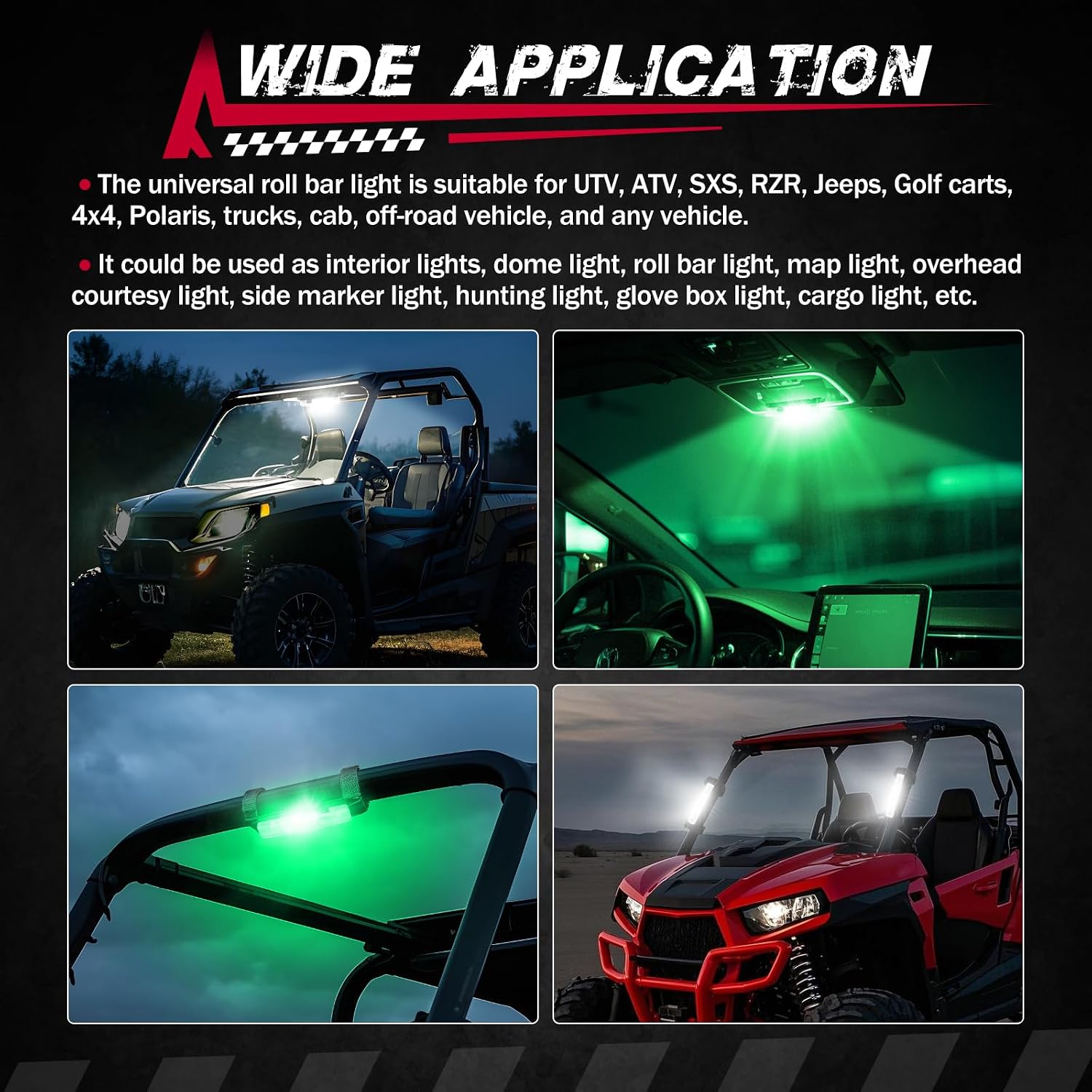 UTV Interior Dome Light with Switch, FASTCHOY AUTO Roll Bar Cage Mount Dome Light Battery Powered Universal Roll Bar Mount Lights for UTV ATV Side by Side Can-Am Polaris RZR - White/Green