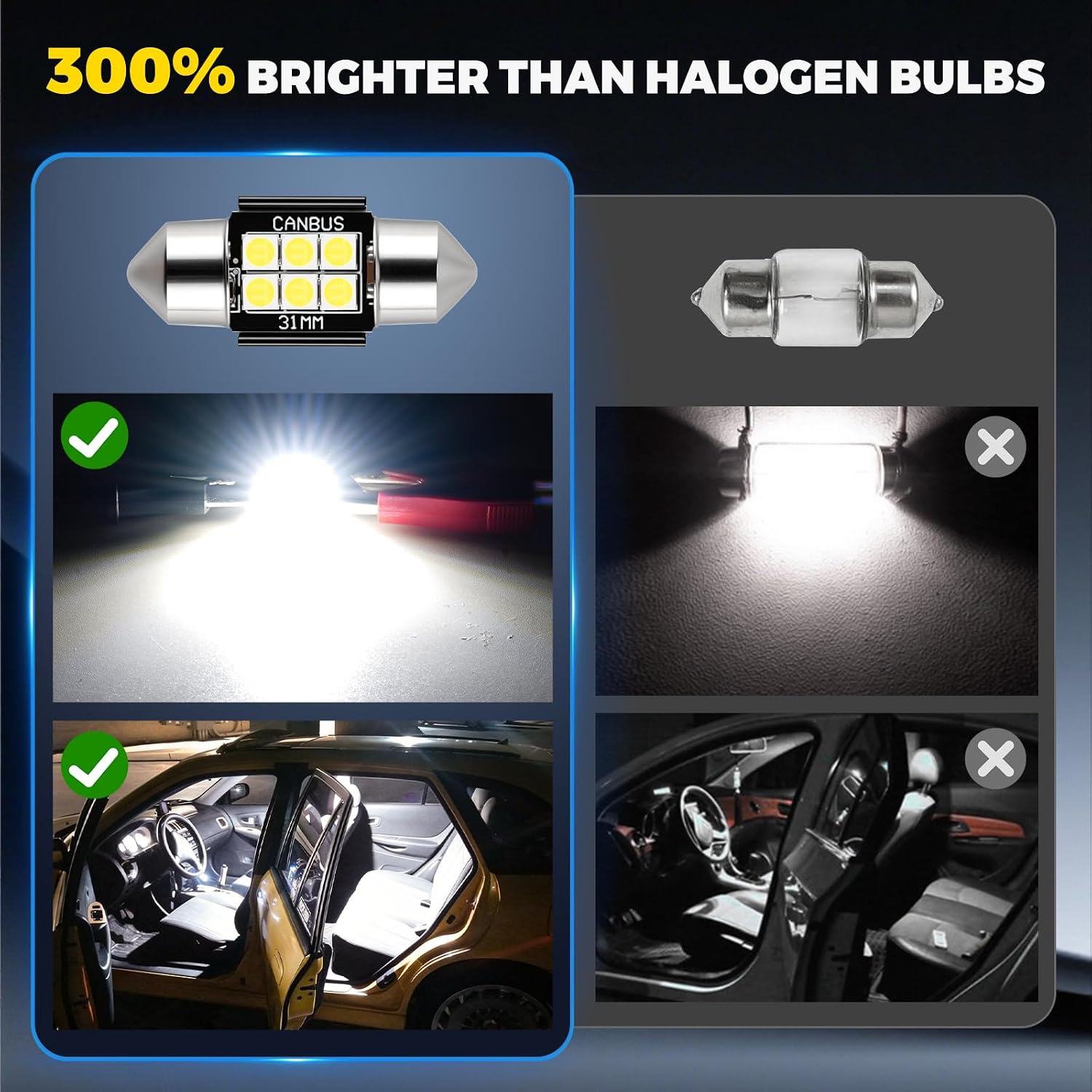 iBrightstar 9-30V Extremely Bright DE3175 DE3021 Festoon LED Bulbs Error Free 1.25" 31mm for Interior Map Dome Lights and License Plate Courtesy Lights, Xenon White
