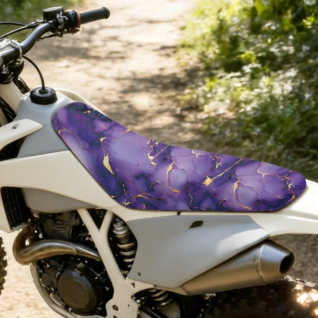 Dirt Bike Seat Cover 1 Piece Leather Motorcycle Seat Cover Anti-Scratch Easy to Clean for E Dirt Pit Bike Ebike Motocross Motorcycle Enduro, Purple Gold Marble