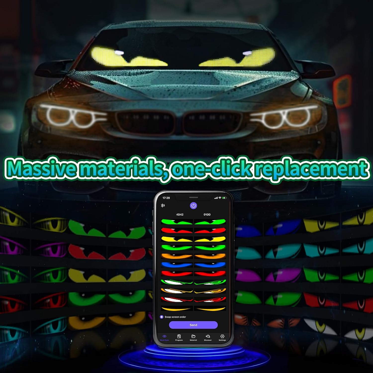 2Pcs Devil Eyes Light for Cars,Flexible Scrolling Programmable LED Signs,LED Eyes for Truck Windshield,Custom Editor Colours,Animations,Text