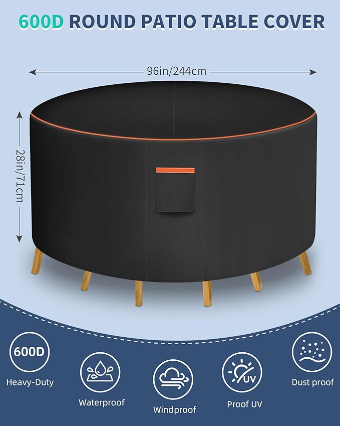 Round Patio Furniture Cover, 96 Inch Diameter Waterproof 600D Heavy Duty Table - Image 2