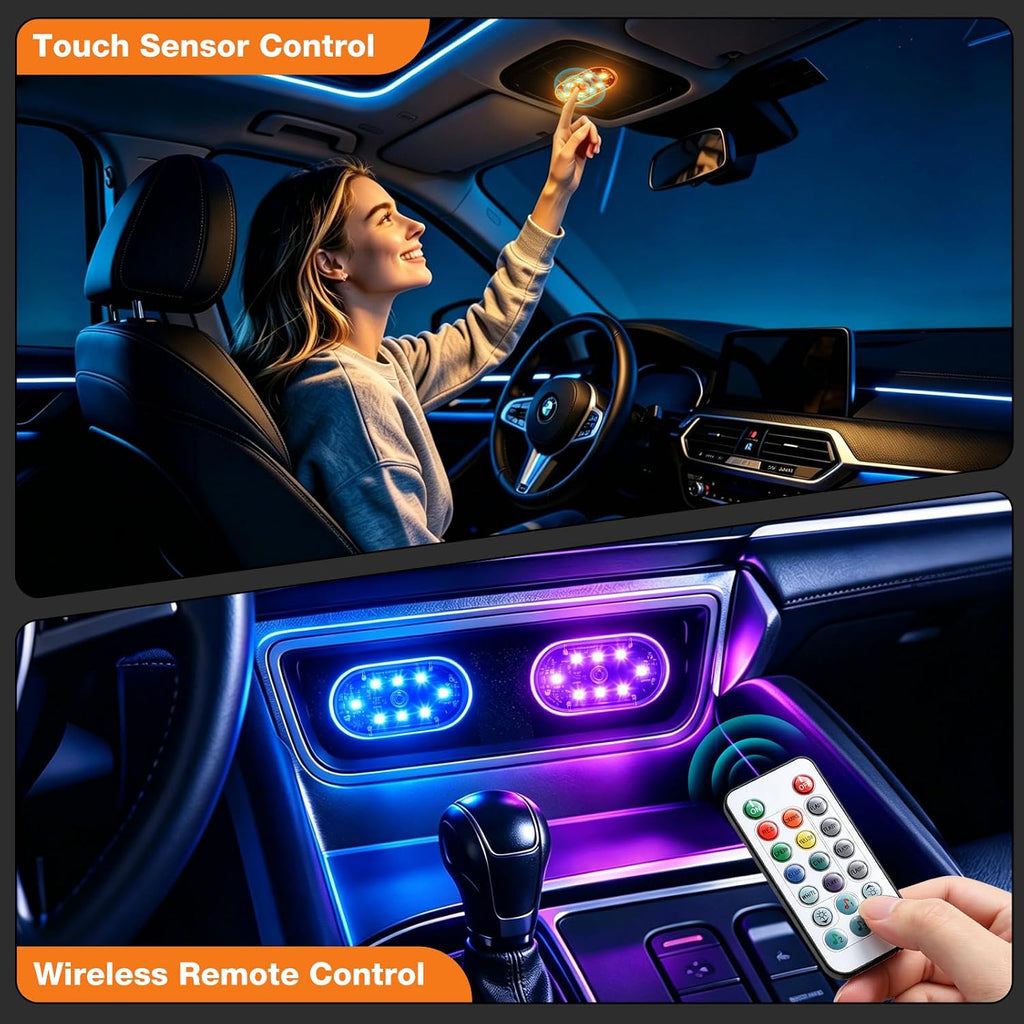 4Pcs Magnetic LED Interior Car Lights – 8 Colors RGB Wireless Ambient Lighting with Remote & Touch Control, USB Rechargeable Portable Strobe Nightlight for Footwell Door Dash Glove Box – Car Truck SUV
