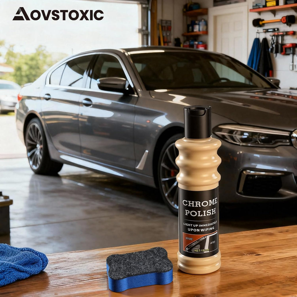 Chrome Cleaner and Metal Polish, Car & Motorcycle Wheel Restorer, 150ml | Powerful Rust & Scratch Remover Paste for Aluminum, Stainless Steel, Golf Clubs, Silver and Copper; Sponge Included