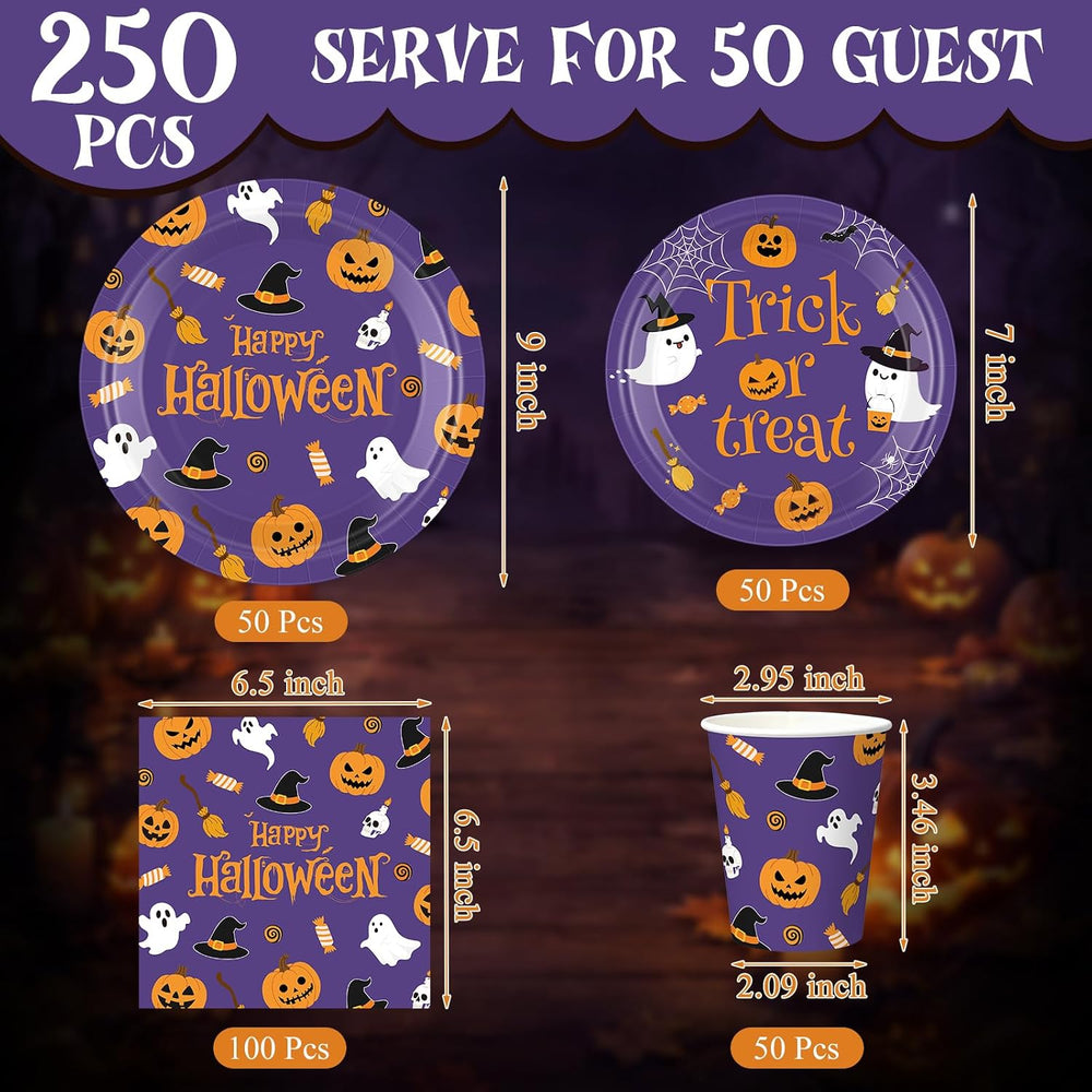 250 Pcs Halloween Party Supplies, Paper Plates Napkins and Cups, Purple