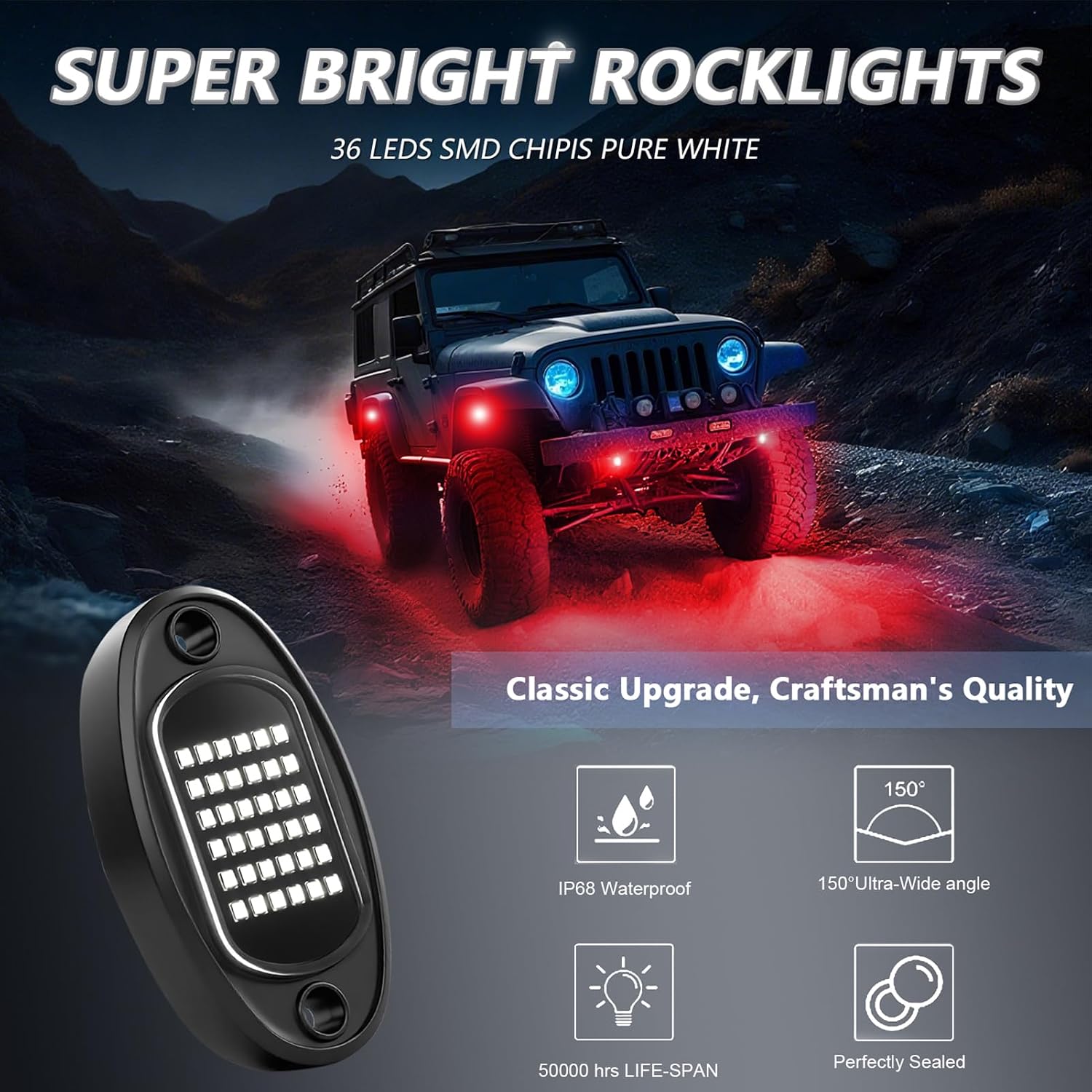 Keenso Underglow LED Lights for Cars, 36-LED Underbody Lights IP68 Water Proof with Aluminum PCB 11-Core Copper Wire for Car Truck ATV UTV SUV (Red)