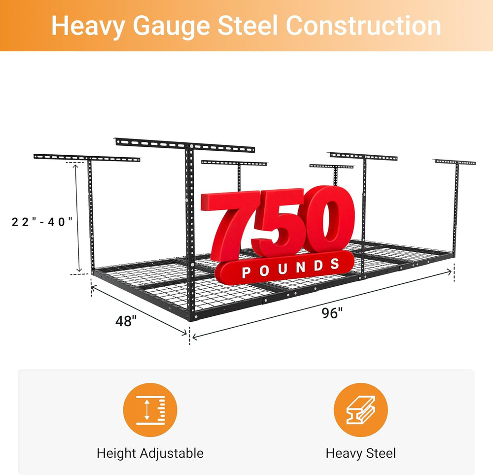 4x8ft Overhead Ceiling Garage Storage Rack, 750LBS Capacity, Black