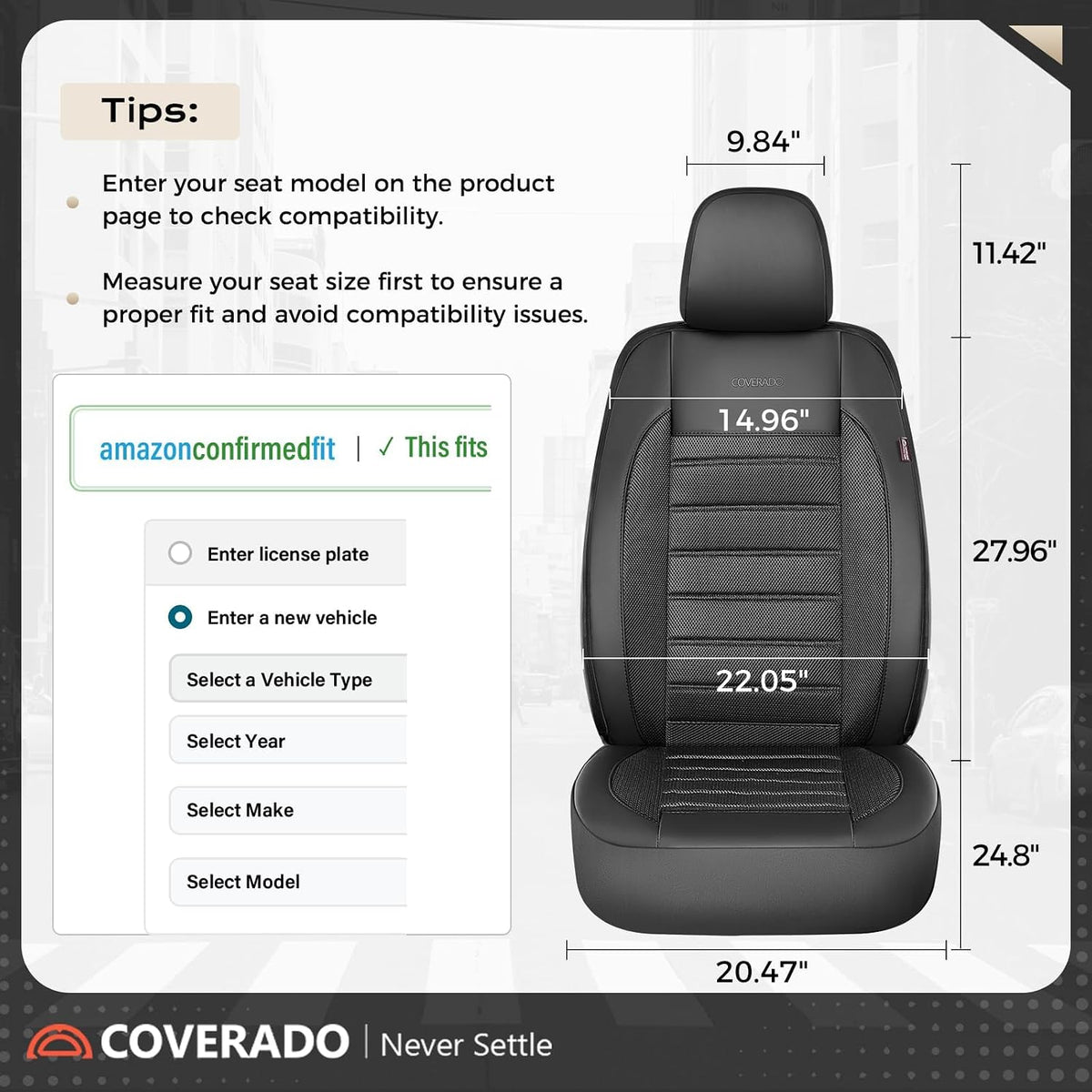 car seat covers full set, memory foam leather, front angle view