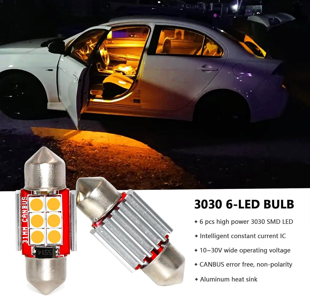 PHINLION DE3175 Amber Yellow LED Light Bulbs, Super Bright Festoon 31mm DE 3175 3021 3022 Miniature LED Bulb for Car Interior Door Map Dome Reading Trunk Step Courtesy Light, Pack of 4