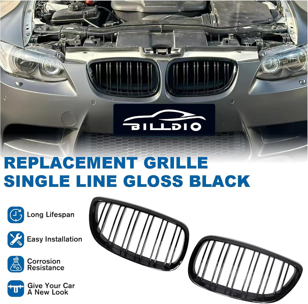 E92 E93 M3 Front Kidney Grille ABS Double Slats Gloss Black 2Pcs | Sporty Style Grille Upgrade, No-Drill Clip-On Install, Sensor & Airflow Compatible With BMW 3 Series E92 E93 M3 2006-2010