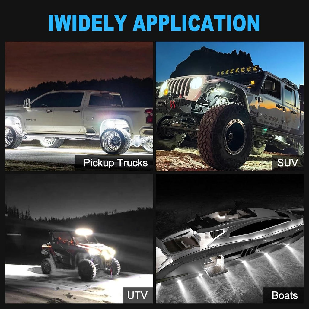 24pods White Rock Lights kit Dc 12v-80v 6000k Aluminum Pure White Led Rock Lights with Switch Wiring Harness Kit Ip68 Waterproof for Trucks Pickup Offroad Car SUV Utv ATV Rv Fends Underglow Lights