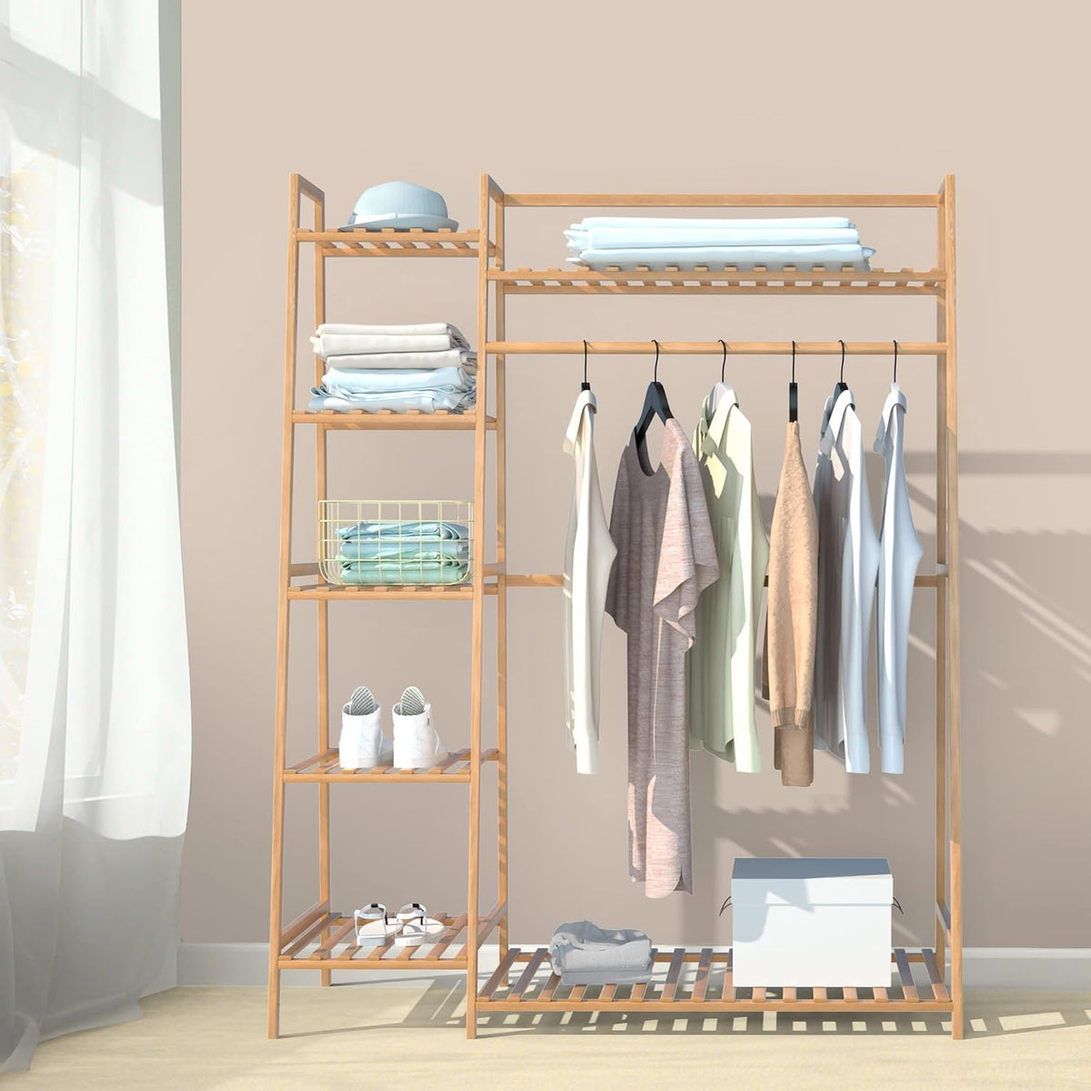 reliancer bamboo clothing garment rack,free standing clothes coat, front angle view