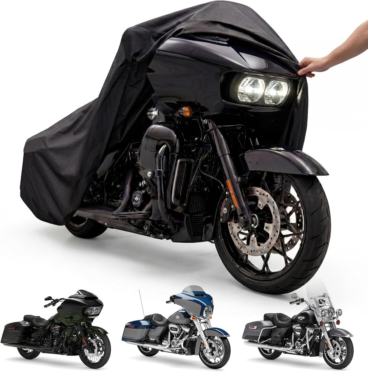 Motorcycle Cover for Harley Davidson Road Glide Street Glide Road King Electra Glide Heritage Classic and More, Waterproof Heavy Duty All Weather Outdoor Storage, Touring Bike Cover