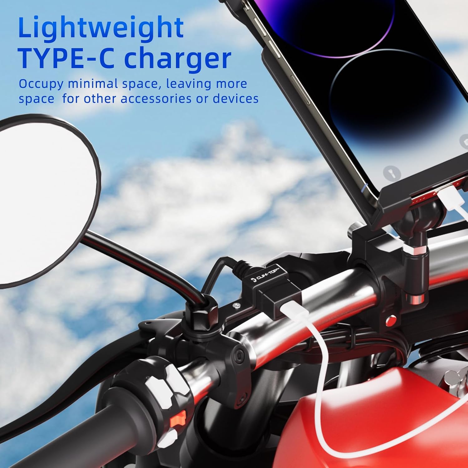 Cliff Top Waterproof Motorcycle USB Charger, 18W PD, SAE, 10mm Mirror Mount | Waterproof cap, Type-C quick charge, SAE to USB-C connector, 10mm rearview mirror mount, motorbike phone/GPS charging