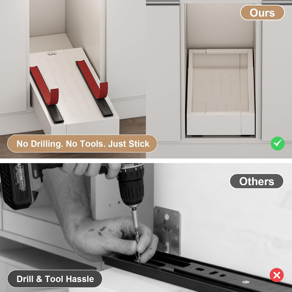 fokyfok pull out cabinet organizer,7"-11"w,17"-24"d,expandable,adhesive showing dimensions