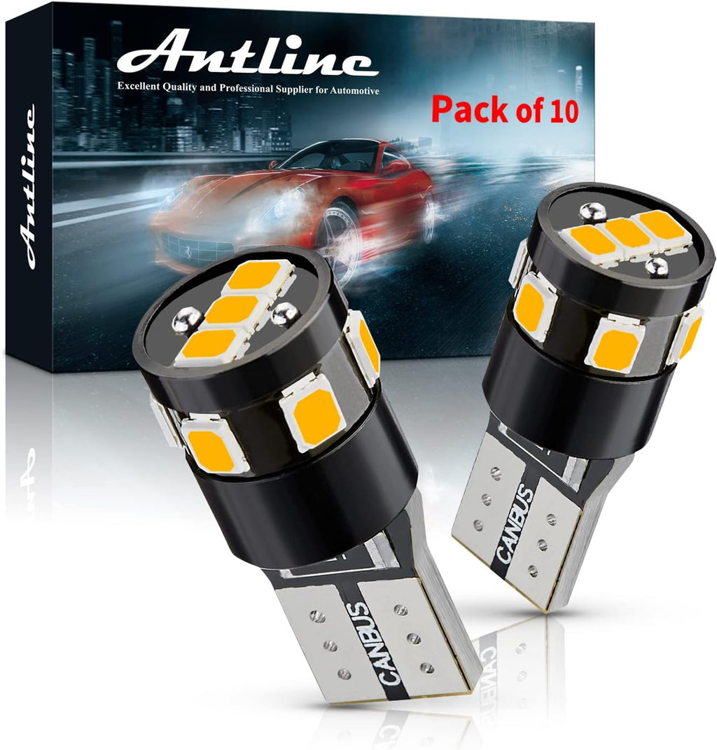 Antline 194 168 2825 W5W T10 194NA LED Bulbs Amber Yellow, Ultra Bright Error Free 9-SMD 2835 Chipsets Replacement for Car Interior Dome Map Door Courtesy License Plate Lights (Pack of 10)