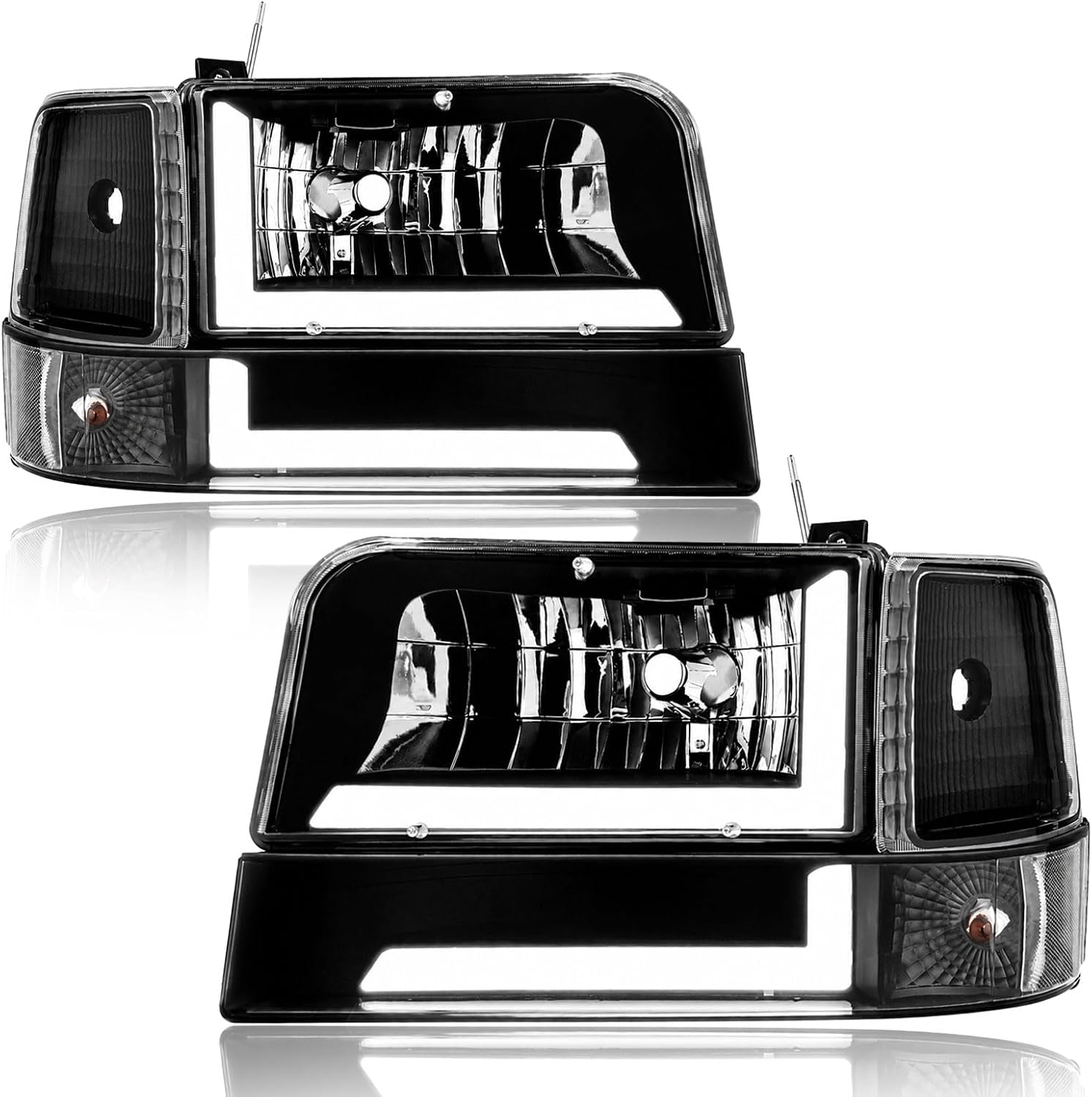 LED DRL Headlights Compatible with 1992-1996 Ford F150 F250 F350 & Bronco Replacements Headlamp Clear Reflector Black Housing
