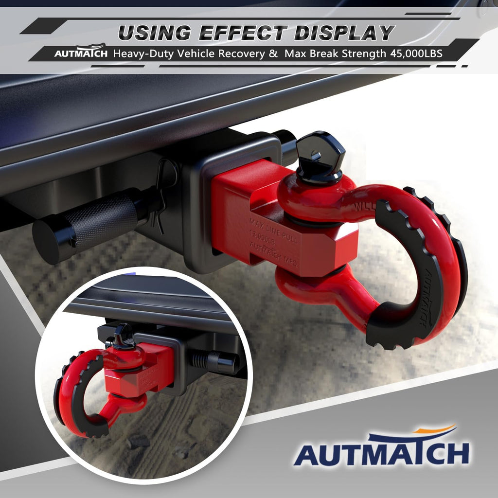 AUTMATCH Shackle Hitch Receiver 2 Inch - 3/4" D Ring Shackle and 5/8" Trailer Hitch Lock Pin, 45,000 Lbs Break Strength Heavy Duty Receiver Towing Kit for Off-Road Vehicle Recovery, Red
