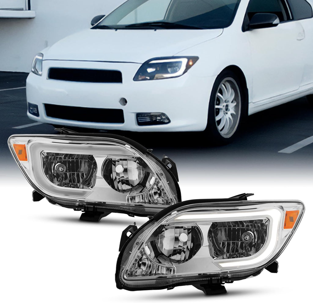 AKKON - Fits 2005-2007 Scion tC Chrome Headlights Pair Driver+Passenger w/LED DRL Running Tube Bar Replacement