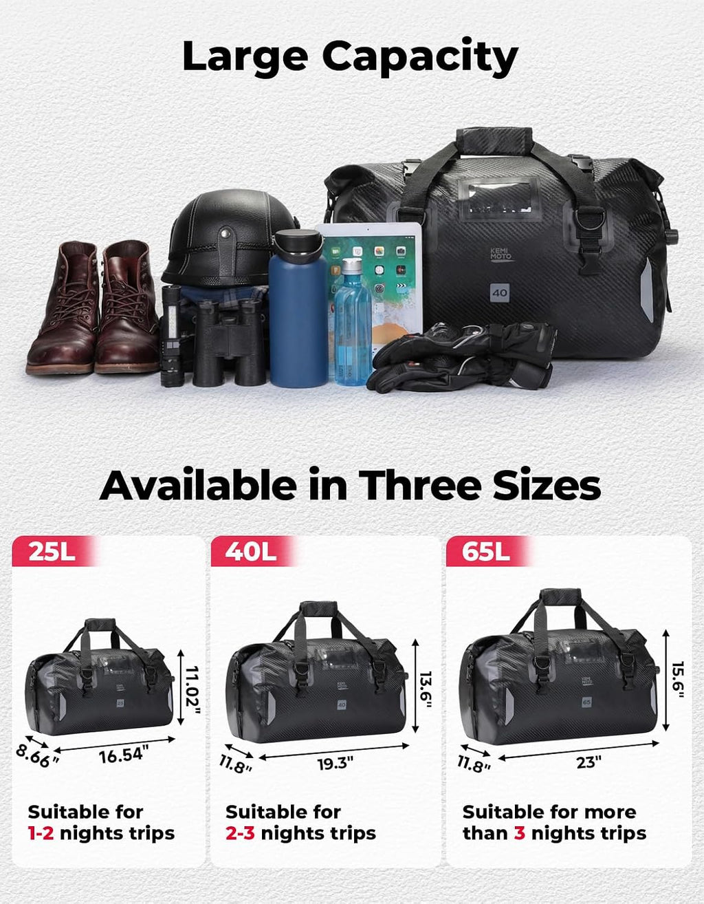 KEMIMOTO Waterproof Motorcycle Dry Bag – Duffle Tail Bag Soft Luggage, 25L/40L/65L Large Capacity with 4 Quick-Release Straps, Dustproof for Touring, Adventure, Motorcycling & Camping Black