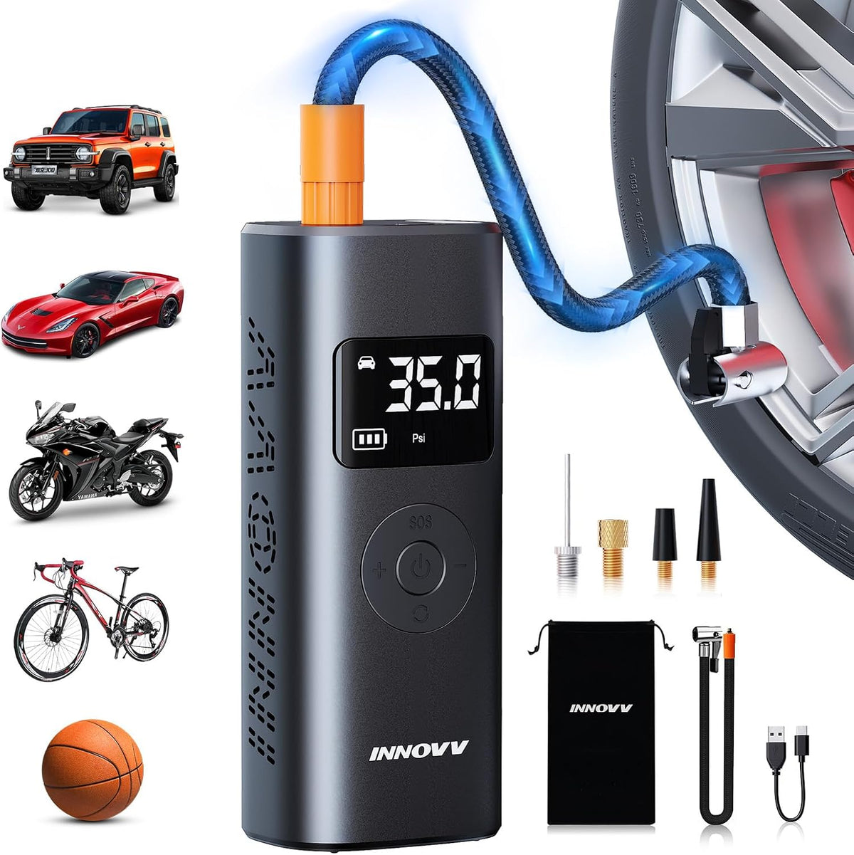 P1 Aluminum Tire Inflator Portable Air Compressor, 3X Faster 150PSI Cordless
