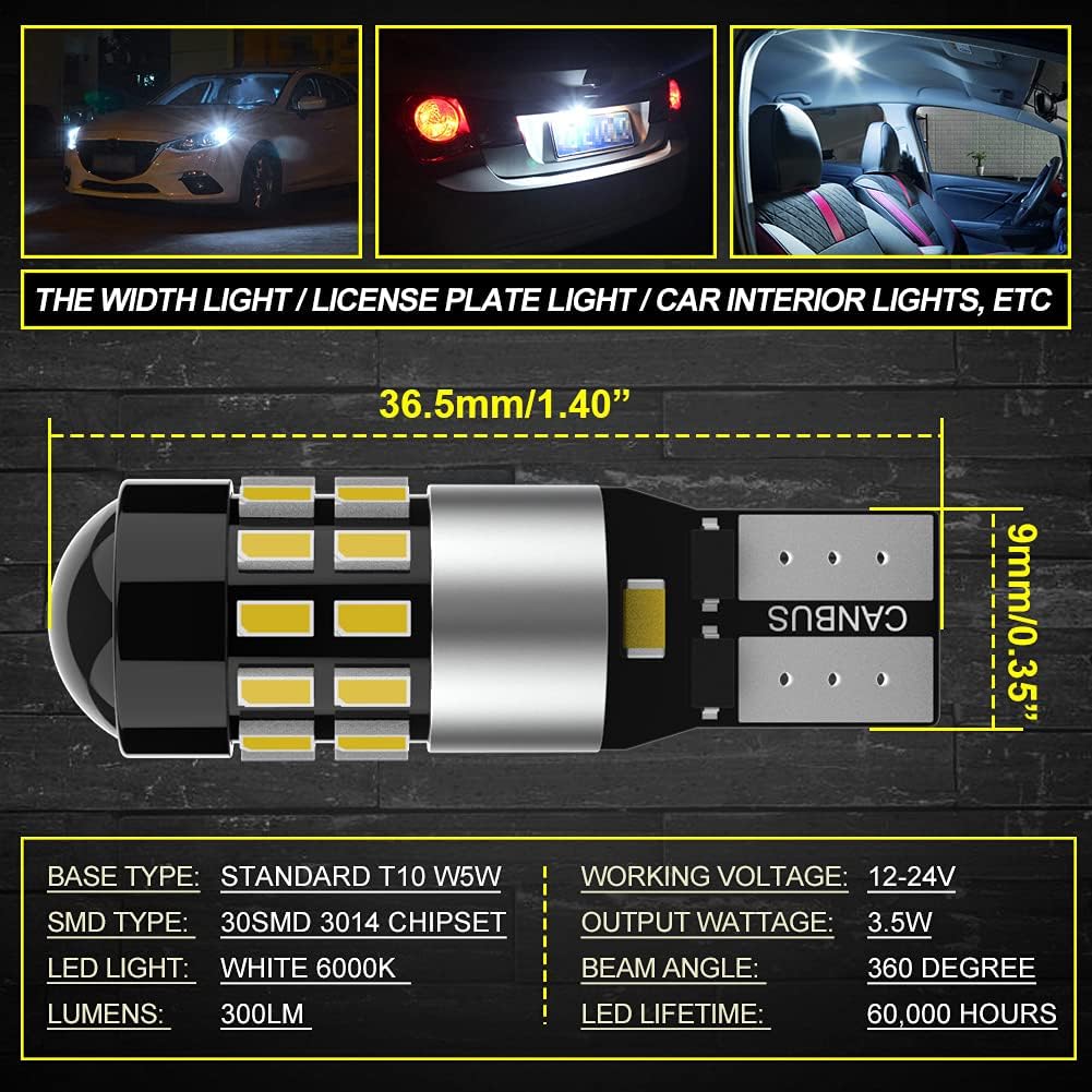 Super Brigte White W5W 912 LED Bulb Plug And Play With No Issues Or Errors,194 T10 Bulb For Interior Lights,Reg lamp lights,168 Bulb For Reading Lights,Daylight Running Lights,6000K(4-Pack)
