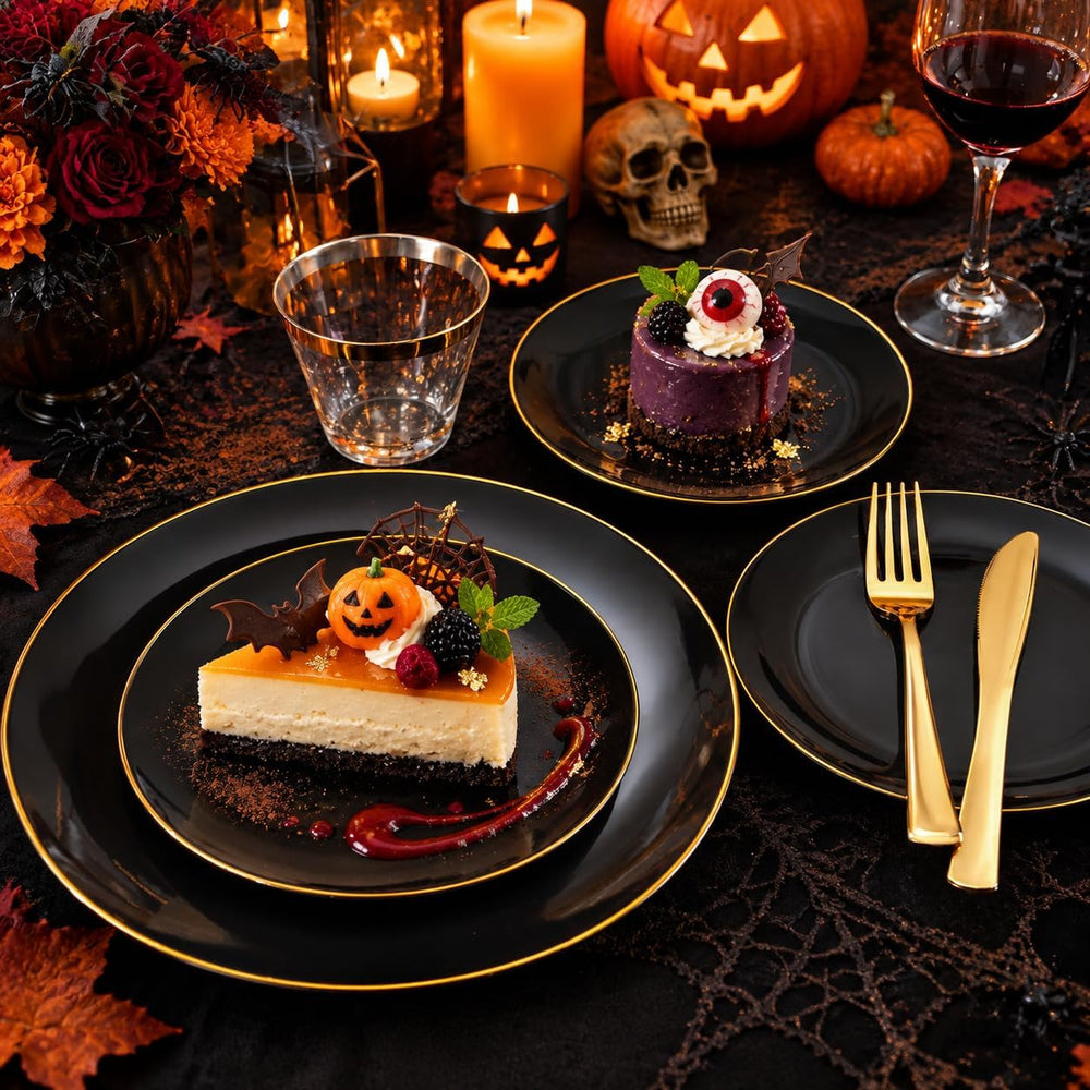 WDF 150PCS Black Plastic Plates - Black and Gold Halloween Plates Disposable ...