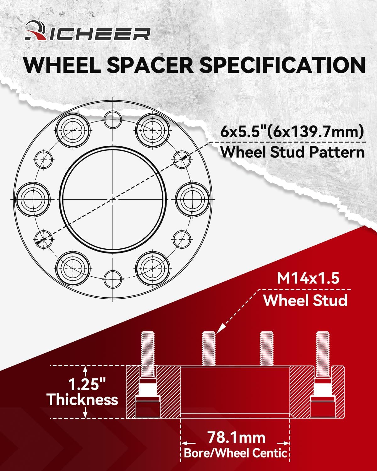 Richeer 6x5.5 Wheel Spacer for Silverado Sierra 1500, 1.25 Inch Hub Centric 6x139.7mm Wheel Spacers for Tahoe Sunurban Yukon Escalade Express 1500 with 14x1.5 Studs & 78.1mm Bore