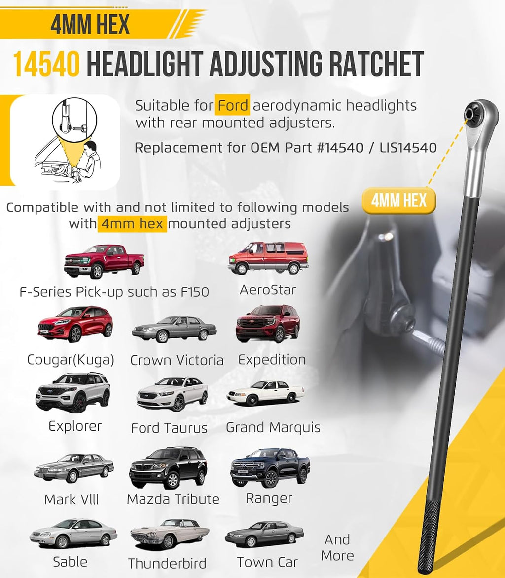 14540 Headlight Adjusting Ratchet Wrench for Ford, 4MM Hex Tool for Headlight Adjustment Screw