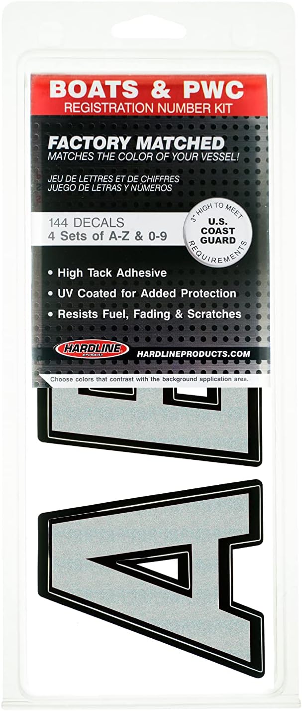 Hardline Products USA Series 700 Boat Registration Numbers & Letters Kit -Silver/Black – 3-Inch USCG Compliant Marine Vinyl Decals – UV, Fuel & Scratch Resistant – Complete Set for Hull Registration
