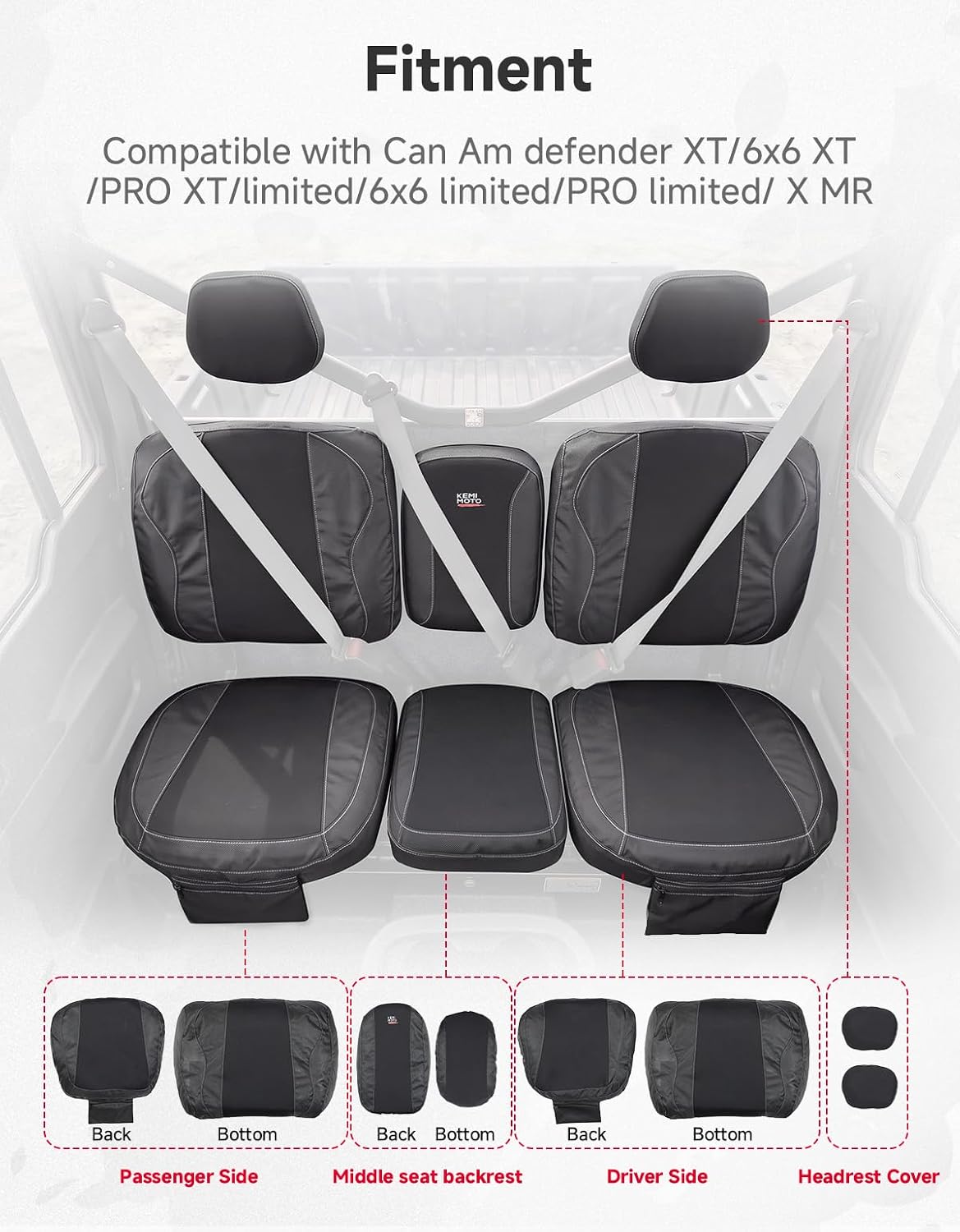 KEMIMOTO Seat Covers Black Compatible with Can Am Defender X MR/XT/Limited- Water-Resistant, 1680D Oxford Fabric, Zipper Pocket, Bolstered Seats Split Bench Only