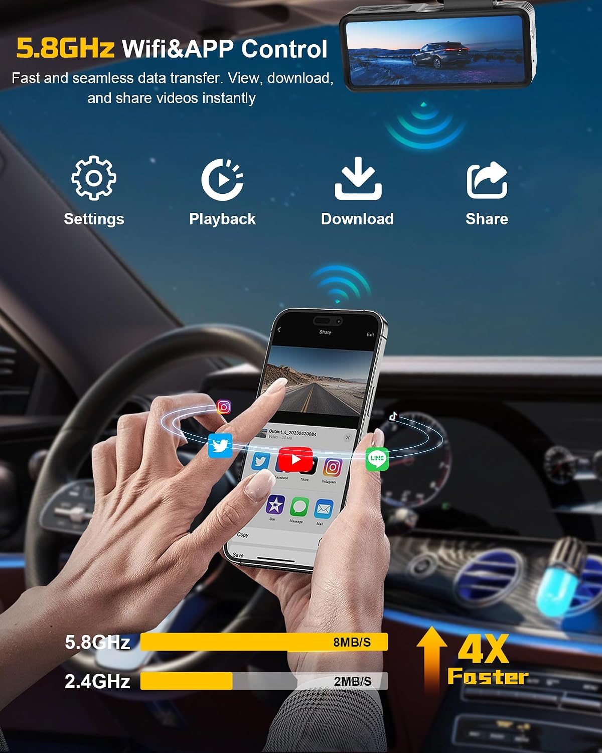 4k dash cam front, built-in 5.8g wifi, free, side view