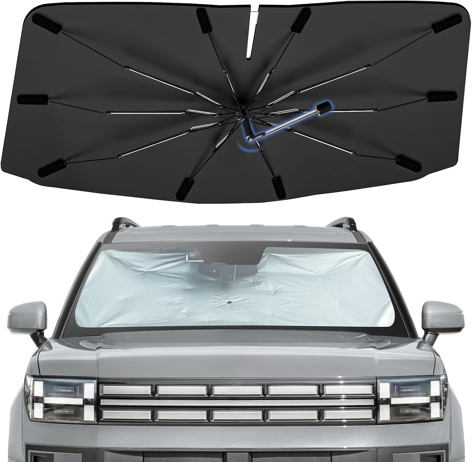Windshield Sun Shade Umbrella for Hyundai Santa fe 2019-2025, Foldable Car Sunshade for Front Window, Highly Reflective Auto Sun Shield Visor for UV Protection, Keep Car Cool Accessories
