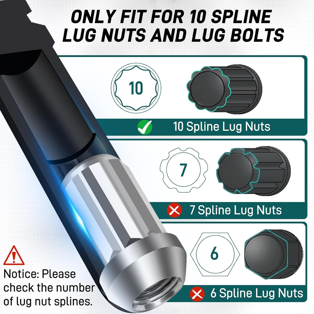 10 Spline Lug Nut Key, for TA20-17/19 10 Point Lug Nut Socket | Compatible with Bimecc 10 Spline Lug Nut Socket, Double Layer Reinforcement, Dual Hex Drive, CR-MO Steel
