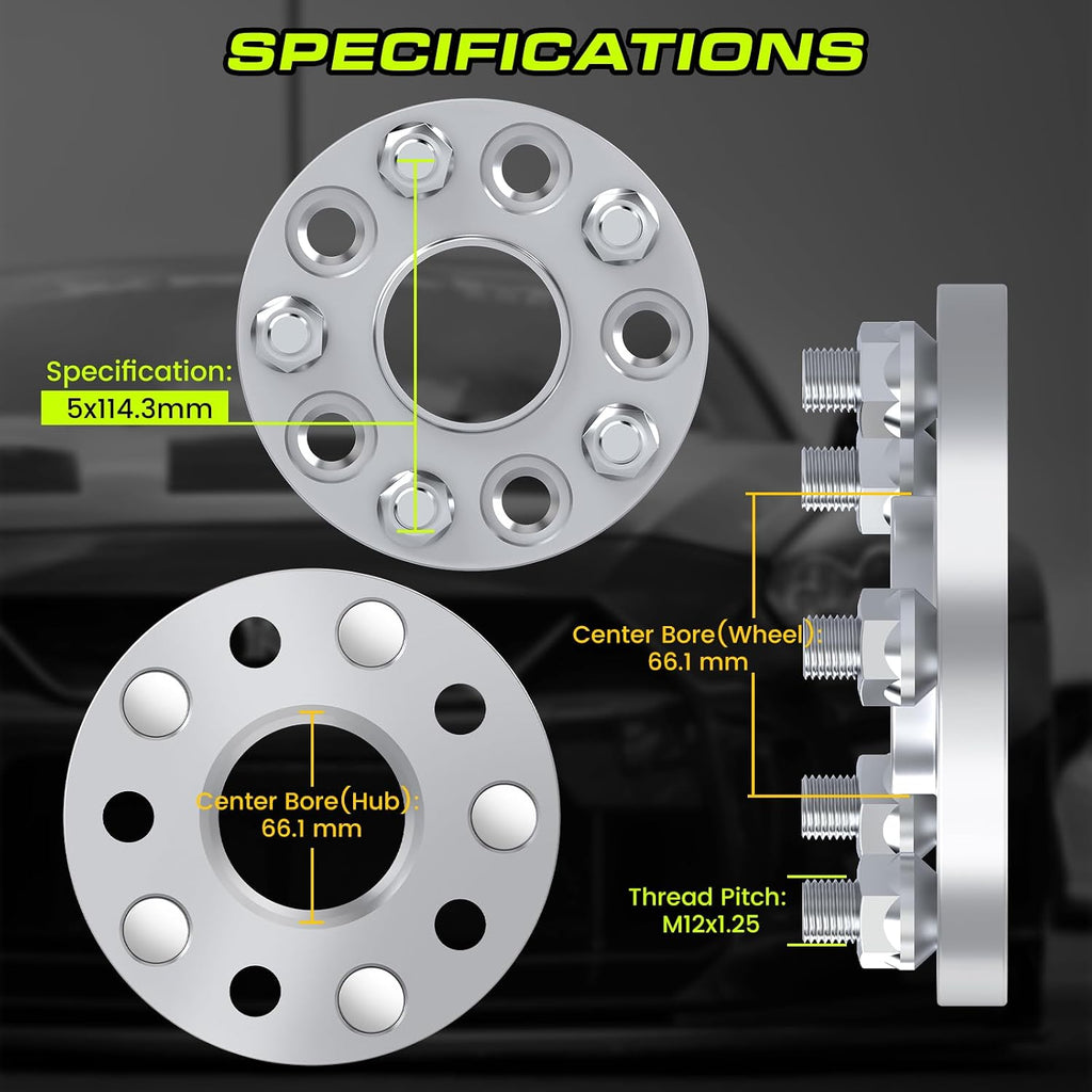 CMO 25mm (1") 5x114.3 Wheel Spacers 66.1mm Hubcentric M12x1.25 Studs 2PCS | 6061-T6 Forged, 10.9 Grade Studs, Anodized, For Nissan 370Z 350Z 240SX 300ZX GTR Murano Maxima Sentra Infiniti Q60 G37 G35