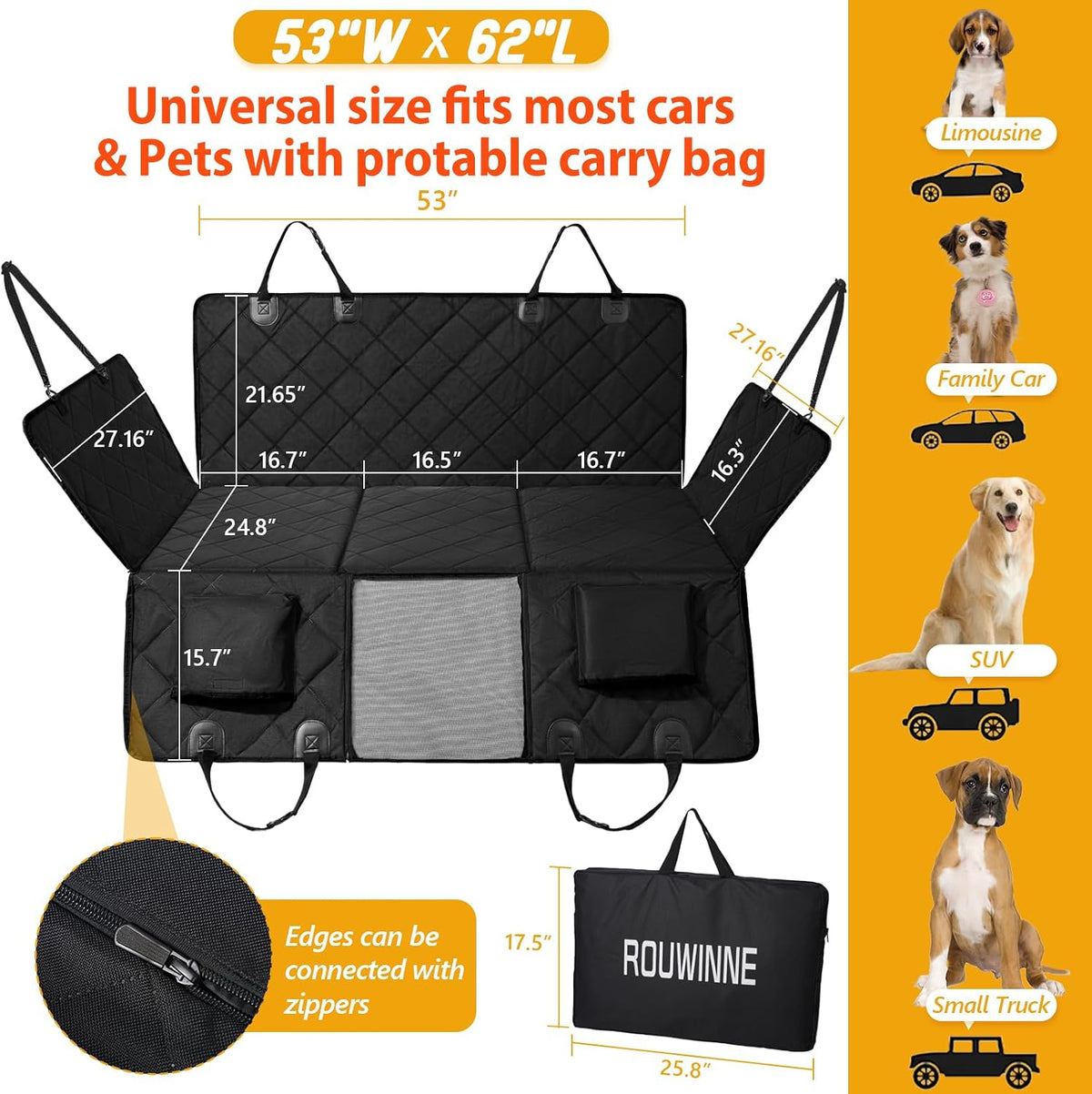 hard bottom dog car seat cover for back showing dimensions
