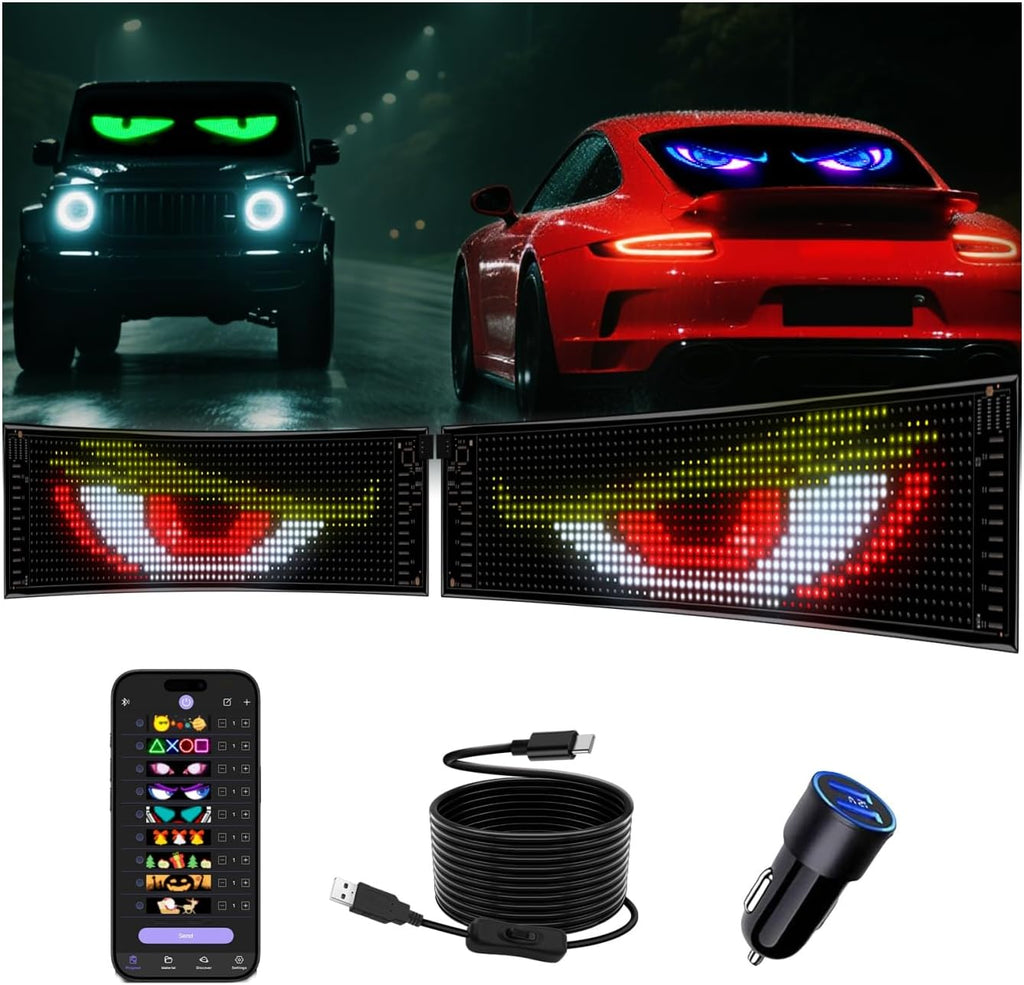 Multifunctional Bright 2PCS Devil Eyes for Cars Windshield - 15x4in [Upgraded Chip 100% Synchronized] Programmable Flexible LED Matrix Display - Custom Text Car Window Sign for Golf Cart Auto